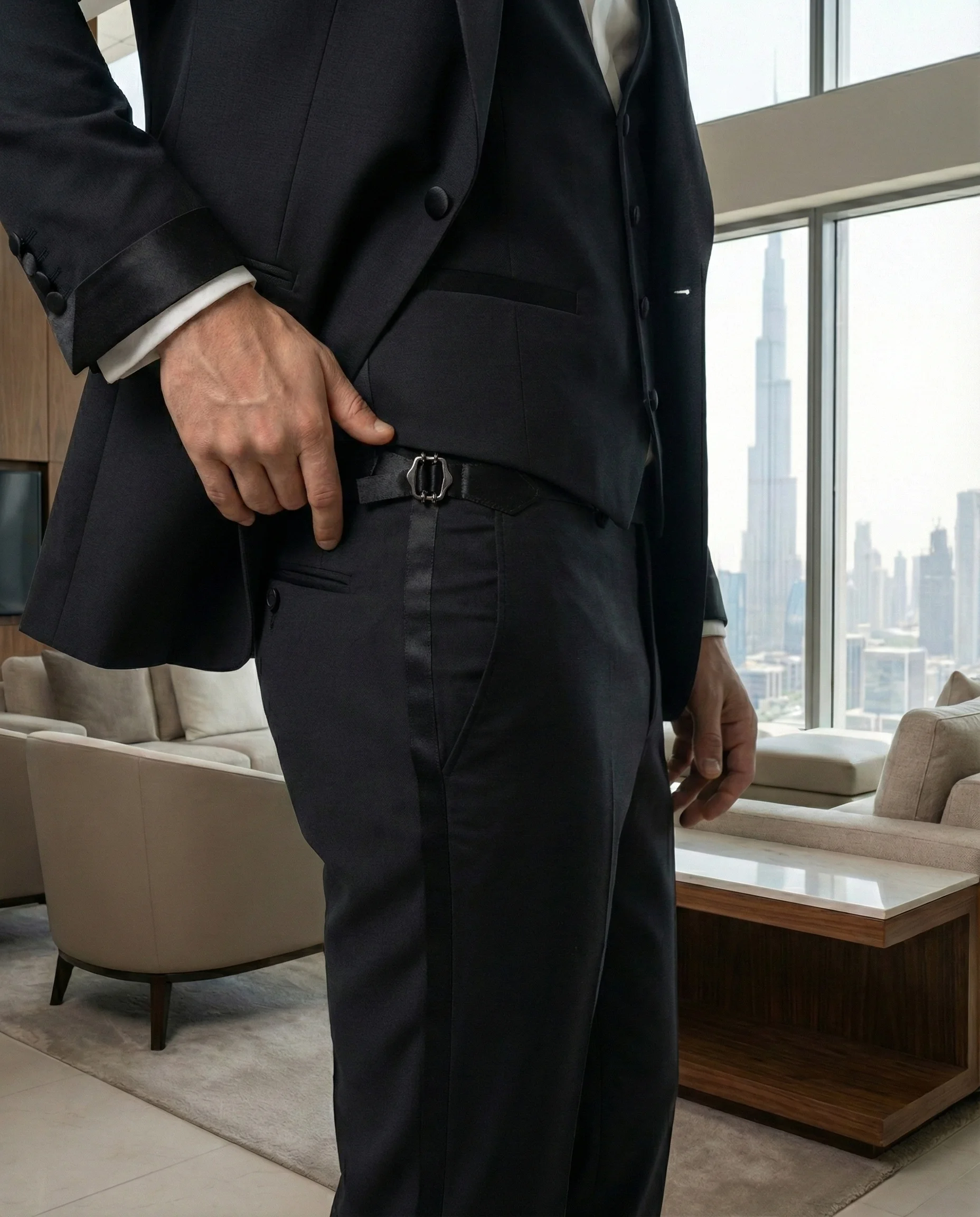 Pantaloni de ceremonie cu vipușcă de satin și ajustoare laterale în talie